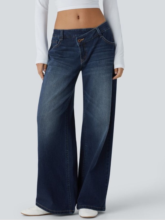 HALARA Denim - Halara Flex™ Asymmetric High Waisted Washed Casual Baggy Jeans /Pockets large